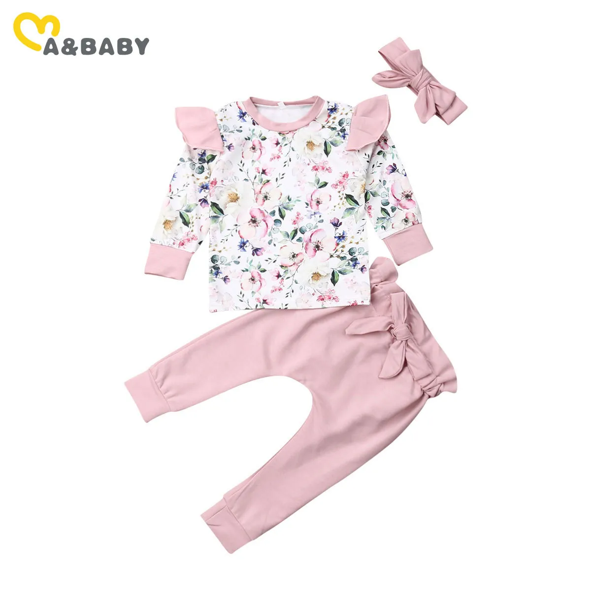 0-24M Né Infant Baby Girl Automne Vêtements Ensemble à manches longues Fleur T-shirts Bow Pantalons Bandeau Tenues 210515