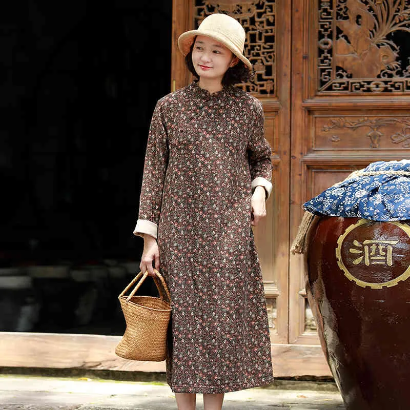 Johnature Autumn Winter Retro Print Chinese Style Plate Buckle Dresses Cotton Linen Comfortable Women Long Sleeve Dress 210521