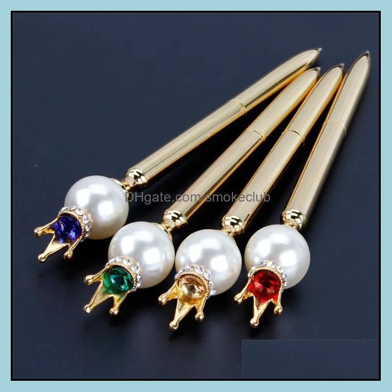 Pennor Kontorskolan Industriell Creative Big Pearl Head Metal Ballpeet Pen med Crystal Diamond Crown Student Stationery Writing Su