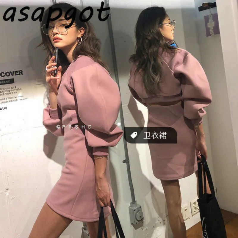 Asapgot Casual Winter Vintage Korea Chic Slim Hollow Out Hooded Plus Fleece Pink Bluzy Dress Kobiety Latarnia Rękaw Moda Sexy 210610