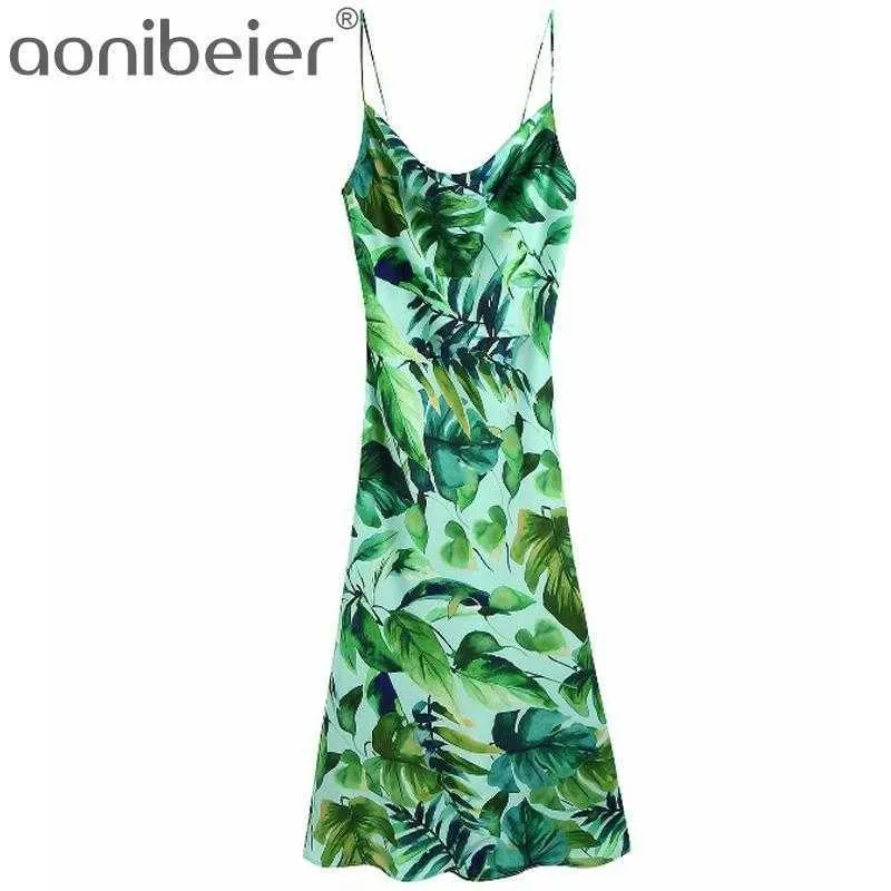 Summer Women Spaghetti Strap Maxi Dress Palm Leaf Print Draped Neck Backless Long Holiday Ankle Length 210604