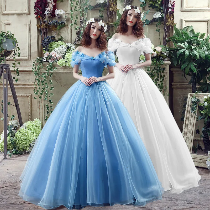 Bespaar veel op bulk Assepoester Feestjurk Meisjes Assepoester Blue Off  Shoulder Pageant Ball Jurk Fluffy Kralen Halloween Evening Party Kostuum 