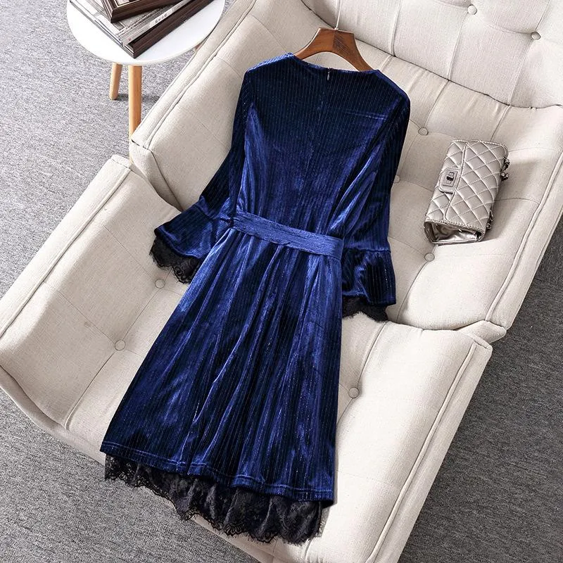 Casual Dresses 2021 Autumn Winter Navy Blue Velvet Women Long Sleeve Solid Elegant Dress Plus Size Dinner For Robe