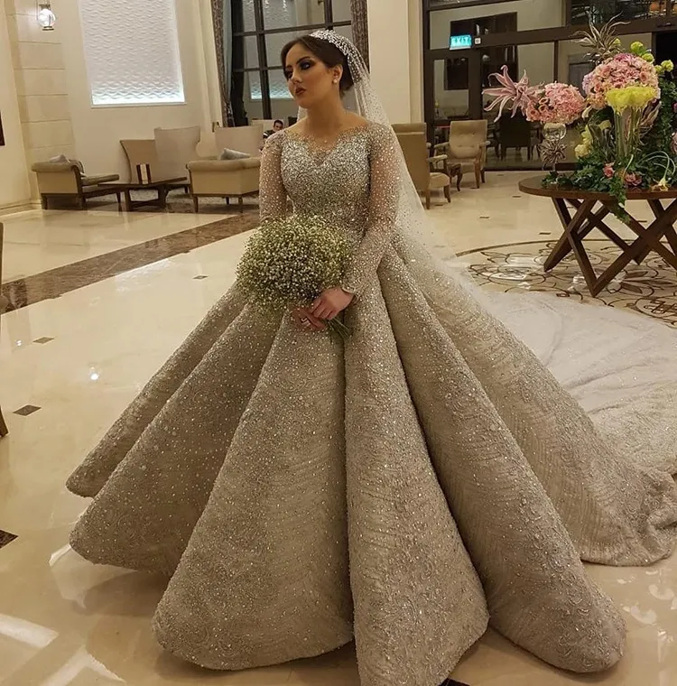 Luxury Crystal Beaded Princess Arabic Wedding Dress Sheer Neck