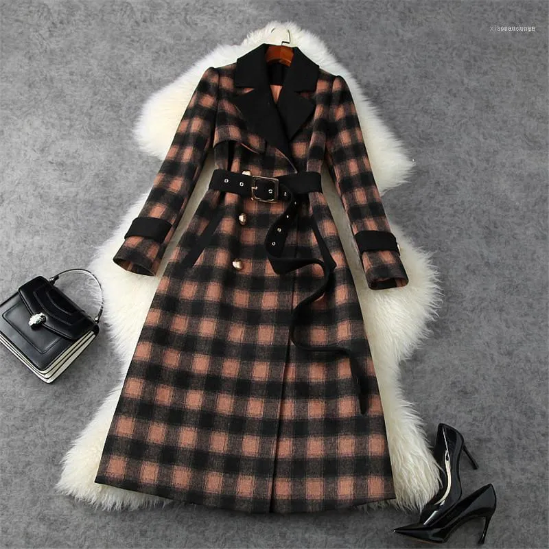 女性のウールのブレンドストリートスタイルのファッション女性冬の厚い暖かいウールのジャケットとコートエレガントなヴィンテージの長い格子縞のオーバーコートアウター1