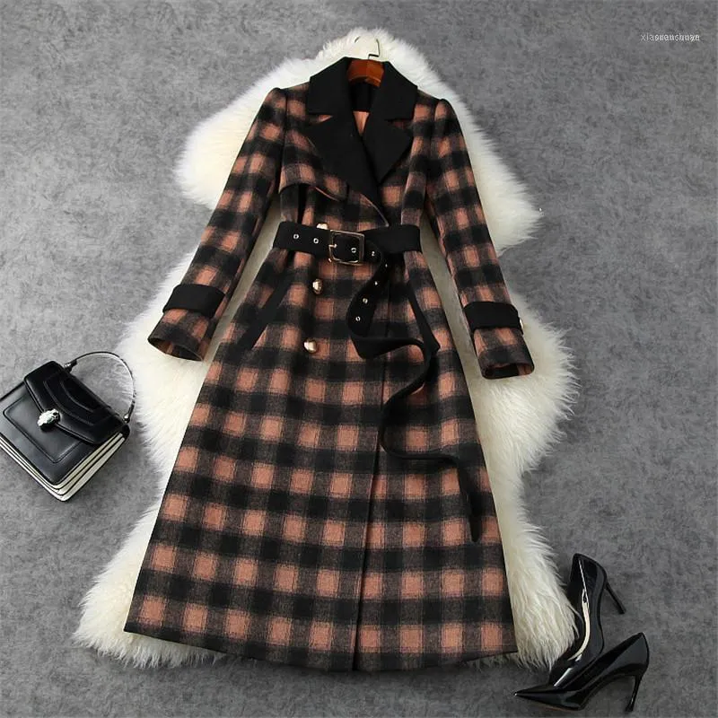 Mélanges de laine pour femmes Street Style Mode Femmes Hiver Épais Chaud Laine Vestes et manteaux Élégant Vintage Long Plaid Overcoat Vêtements d'extérieur1