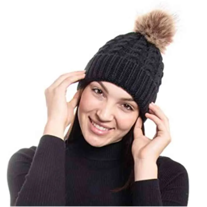 Thick knitted cashmere cap fleece knit hat wool cap beani for women winter with leather hat patch