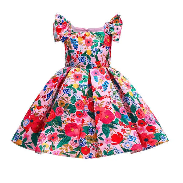 Menina de verão algodão floral impressão dress pequeno voador mangas vestido casual para meninas 2 a 10 anos roupa infantil q0716