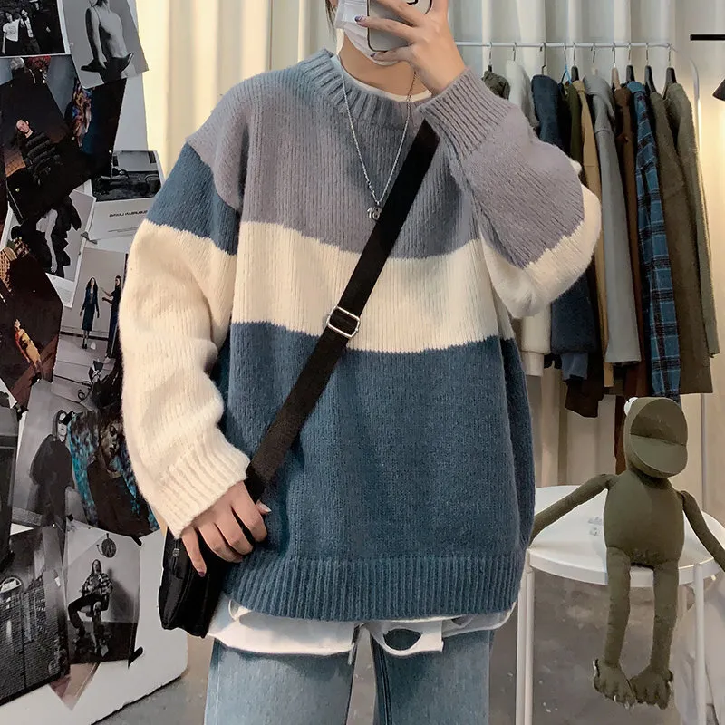 Contrast Winter Sweater Men Colorblock Casual Warm Patchwork Mens Pullover Loose Korean Style Ribbed Hem Streetwear Knitted 210524