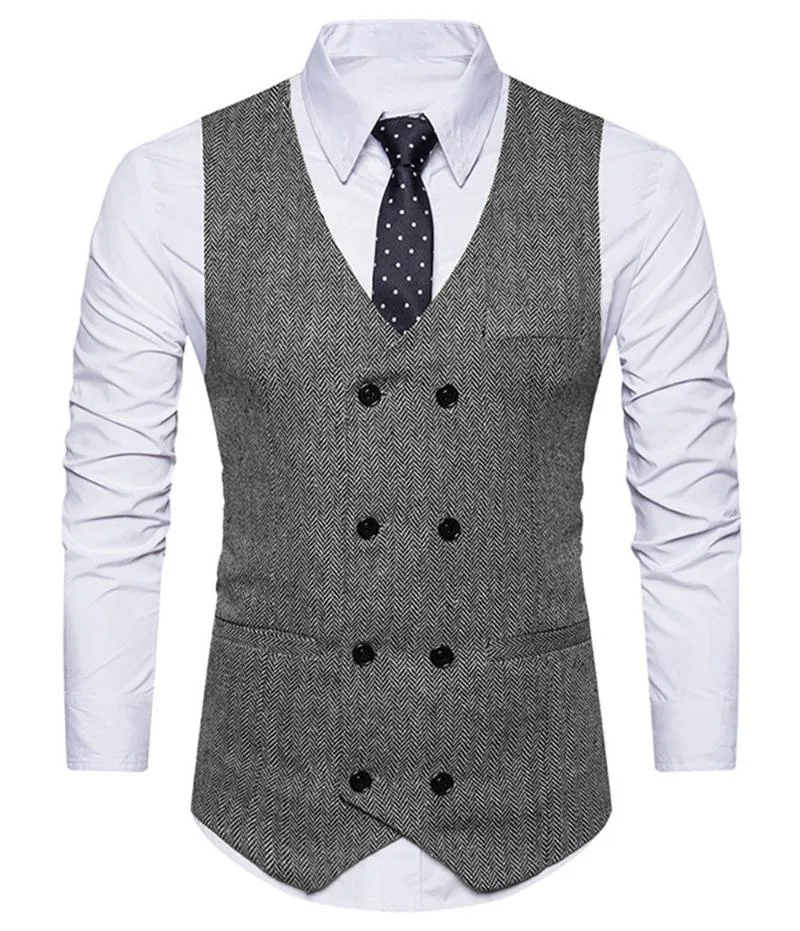 Men's Vests Mens Suit Vest V Neck Herringbone Slim Fit Formal Green/Black/Brown Business Double-breasted Waistcoat Groomman For Wedding