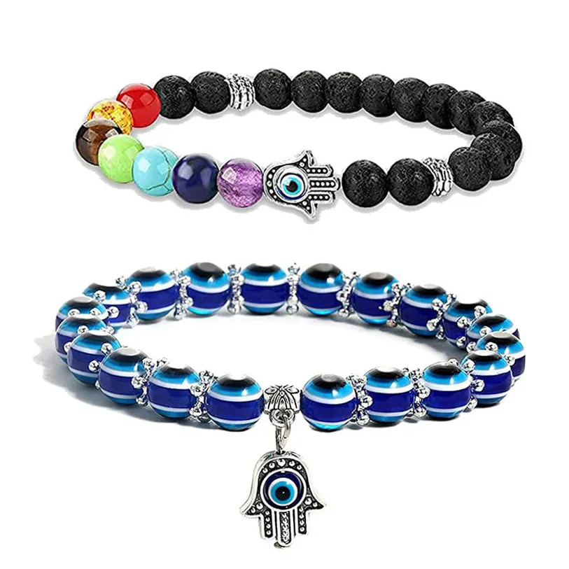 2pcs mauvais œil bleu perlé charme bracelet extensible 7 chakras pierres précieuses pierre de lave main bracelets