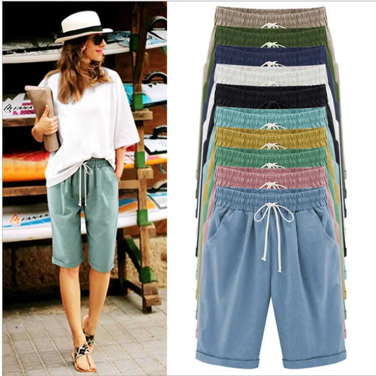 Casual Cotton Linen Women's Five-Point Pants Plus Size Female Elastic Waist Pocket Loose Drawstring Thin Straight Trouser Summer 210526