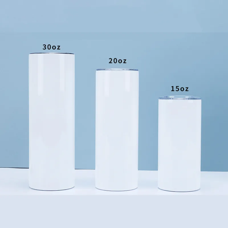 15oz 20 oz 30 oz Süblimasyon Düz Tumblers Boşluklar Beyaz Paslanmaz Çelik Vakum Yalıtımlı Konik İnce DIY Kupası Araba Kahve Kupaları ve Saman