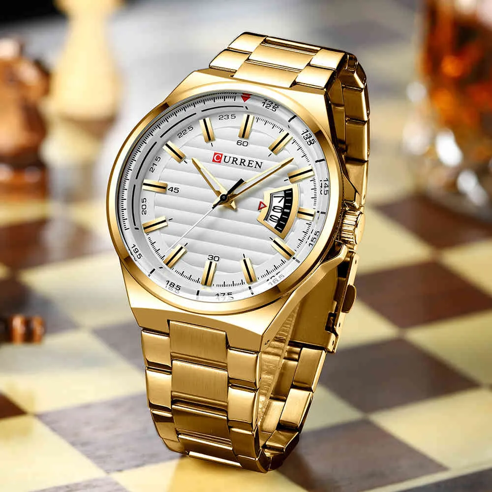 Man Märke Luxury Watch Gold White Top Brand Curren Klockor Rostfritt Stål Kvarts Armbandsur Auto Datum Klocka Man Relogio Q0524
