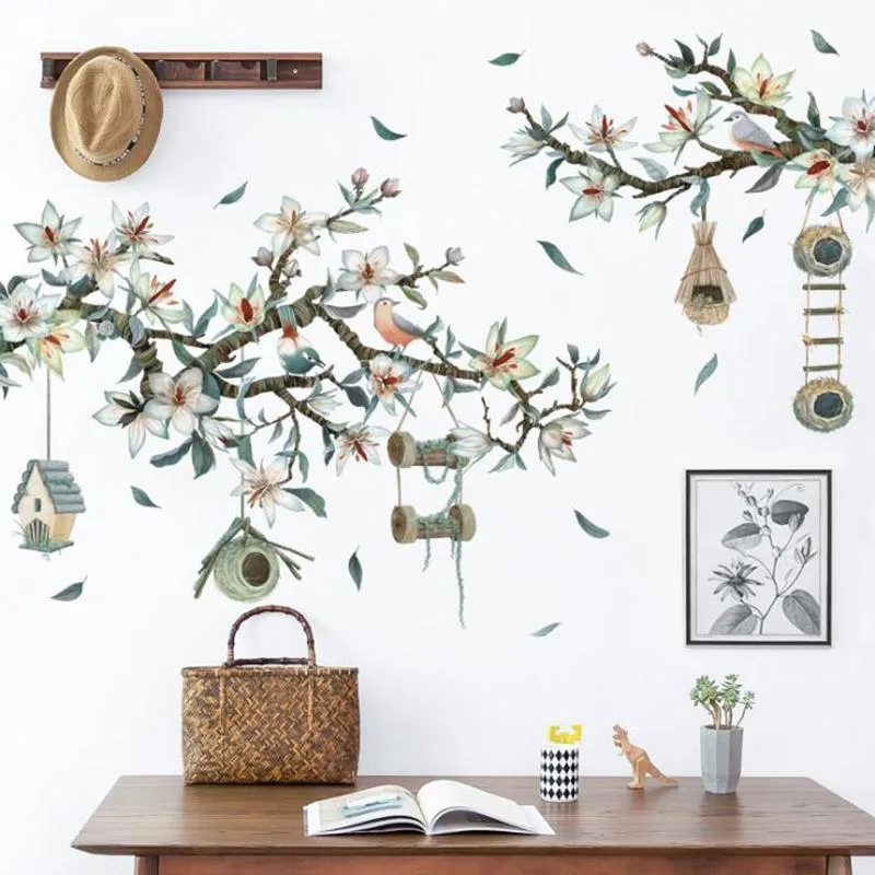 Väggklistermärken Färsk Magnolia Flower Wallpaper Living Room Bedroom Decoration Decals Bird's Nest Plant Sticker