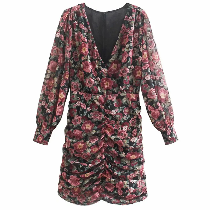 Slim Girls V Neck Draped Dress Spring-Autumn Fashion Ladies Office Women Floral Tight Flare Sleeve 210427