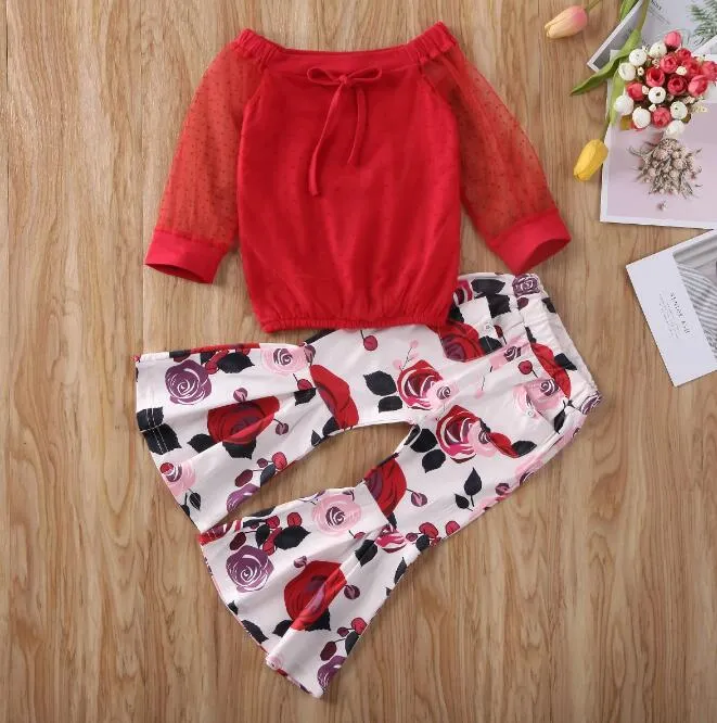 Criança bebê menina conjuntos de cor sólida fora do ombro laço tulle tops flor impressão sino-bottoms calça 2 pcs roupas roupas roupas