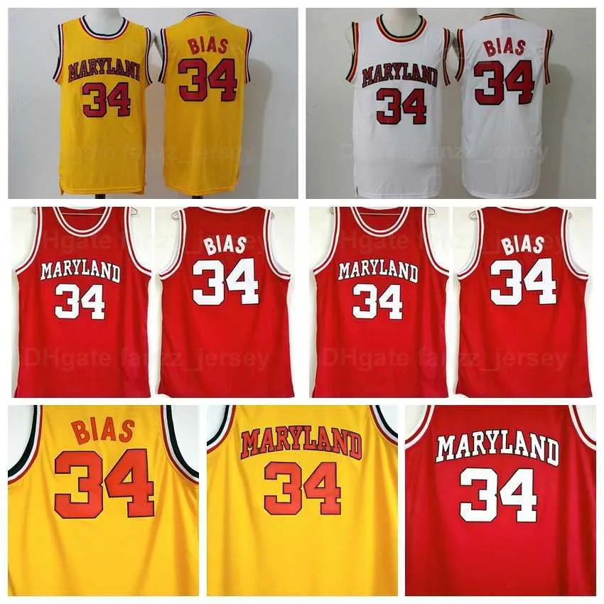 Mężczyźni 1985 Maryland Terps College 34 Len Bias Jersey Retro Koszykówki Uniwersytet Czerwony Biały Yellow Team Sports Czysta Bawełna Vintage Szyte Oddychająca Dobra Jakość