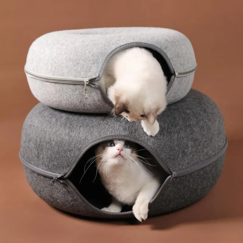 Lits pour chats, meubles Tunnel en feutre, nid de beignets, panier de maison, grotte pour animaux de compagnie, jouet chaud, chiot, chaton, tapis de couchage, coussin, fournitures pour animaux de compagnie