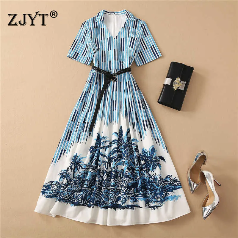 Summer Clothes Women Fashion Short Sleeve Blue Striped Print Runway Dress Mid Calf Aline Vestidos with Belt 210601
