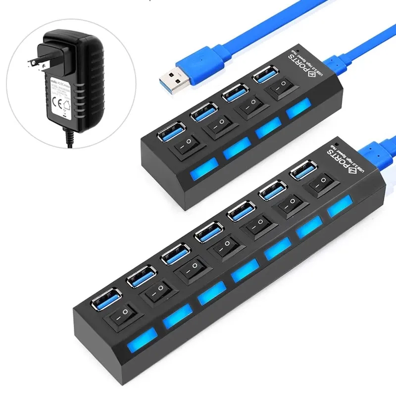 USB Hub USB 3.0 Hub USB Splitter 3 0 Multi Port Hub med nätadapter Flera 3 Hab med Switch för PC-dator