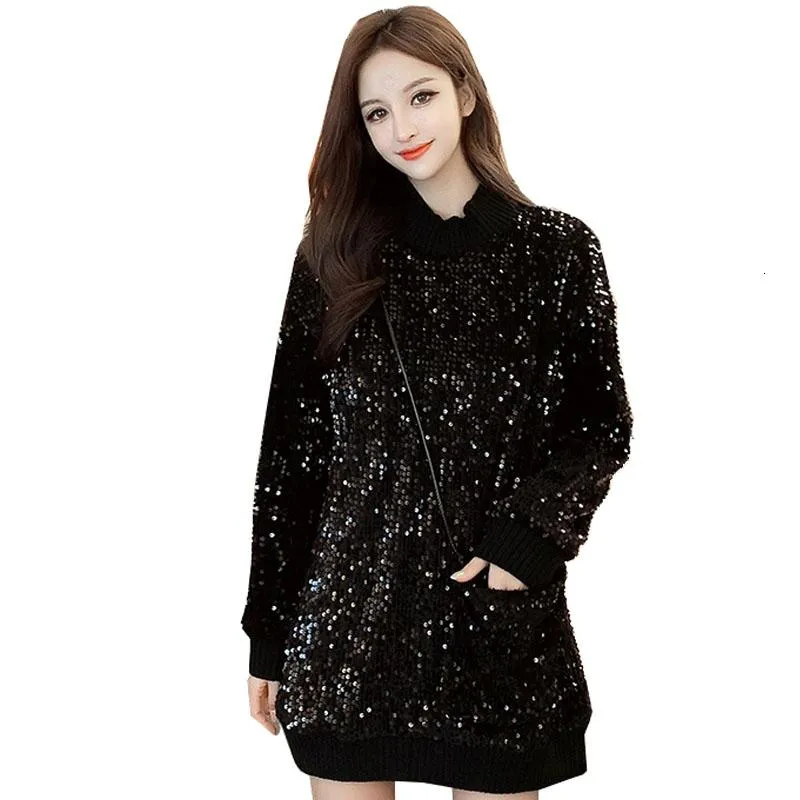 Kvinnors Tröjor Qing Mo Black Women Full Sequin Sweatshirt 2021 Vinter Elegant Kvinna Casual Solid Zqy2623