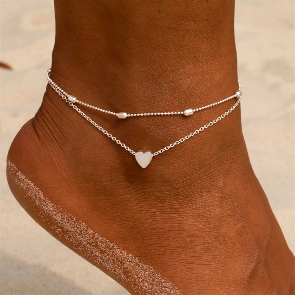 Frauen 2021 Frauen Fußklets Einfaches Herz Barfuß Häkeln Sandalen Fuß Schmuck Doppelschicht Fußbeine Armband Strand Fußklets Q0605
