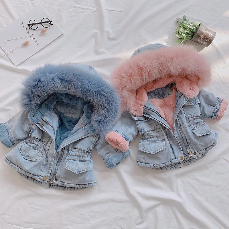 Outono inverno meninas espessamento casacos crianças denim casaco com capuz crianças gola de pele jaqueta de algodão bebê menina outwear