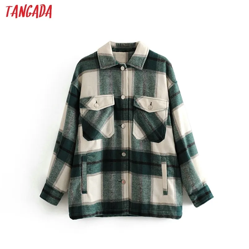 Tangada Winter Women Green Plaid Long Coat Kurtka Dorywczo Wysokiej Jakości Ciepłe Płaszcz Moda Długie Płaszcze 3H04 211106