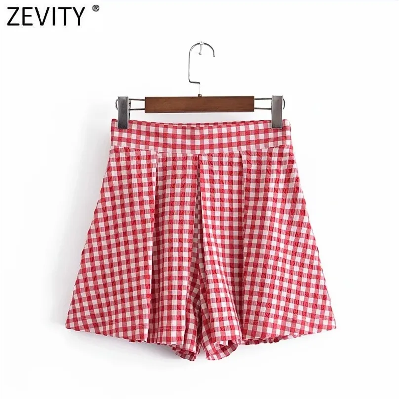 Zevity Kobiety Moda Czerwona Plaid Drukuj Plisowany Bermuda Spódnice Spodenki Kobiet Chic Side Zipper Casual Pantalone Cortos P1090 210719