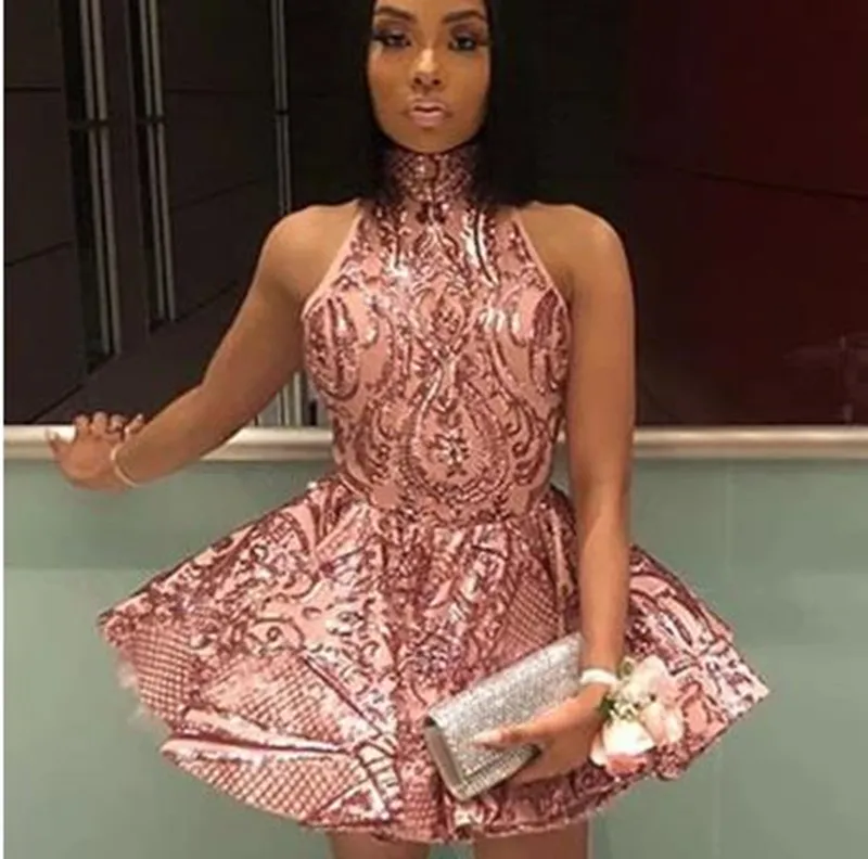 Dusty Rose Sequin Halter dresses of homecoming - Glittery Dusty Rose Sequin Halter dresses of homecoming - Glittery