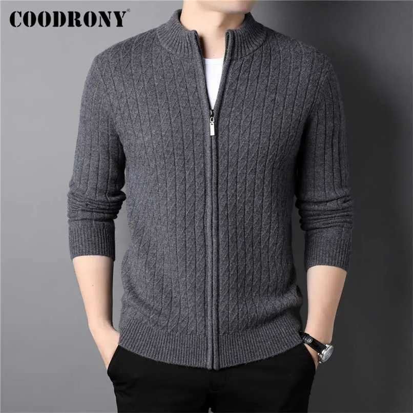 Coodrony marca grosso quente inverno zíper tourtleneck homens roupas moda casual cashmere merino lã camisola casaco c3148 211221