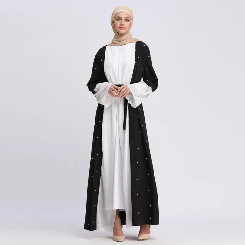 Casual Sukienki 2021 Muzułmański Czarny I Biały Kolor Dopasowanie Koronki Pearl Cardigan Robe Moda Solidna okrągła szyja Długa sukienka rękawowa