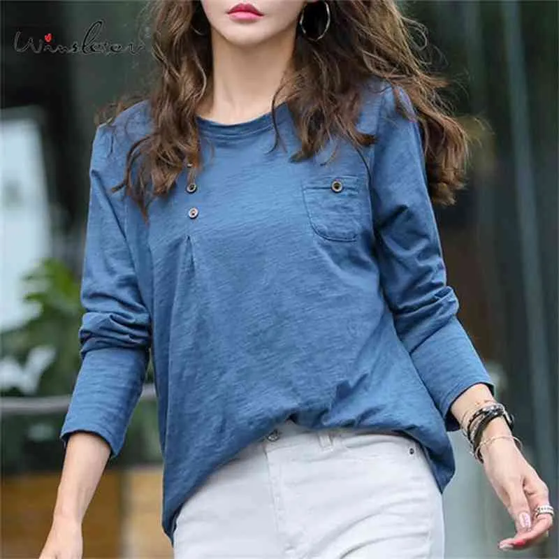 Printemps automne ample T-shirt femmes coton tissu boutons poche à manches longues hauts Tee ropa mujer T9D012Y 210421