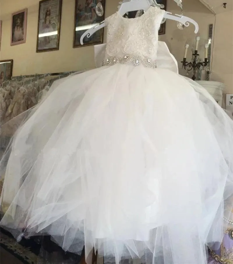 Meisjesjurken Custom Shiny Sash Bruid bloem meisje jurk voor bruiloft met grote boog meisjes communie vestidos longo jurken