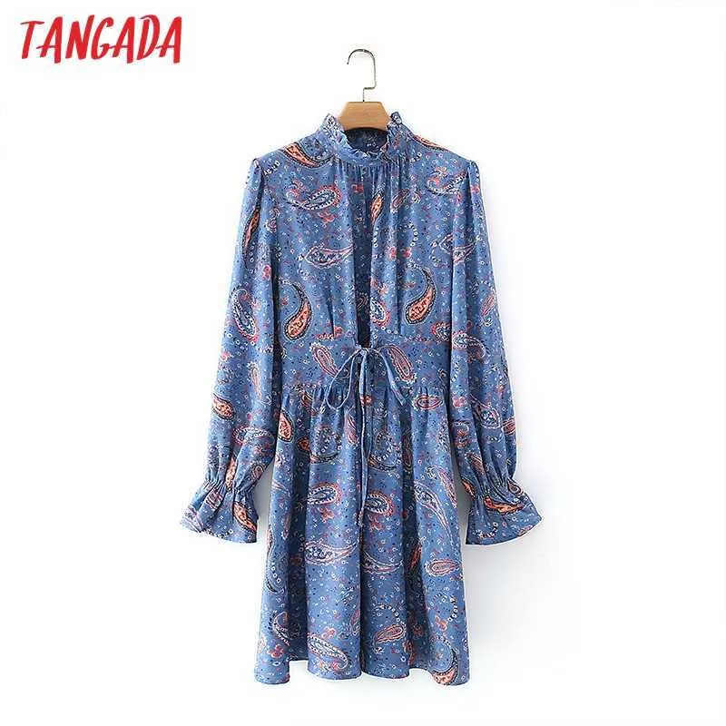 Tangada Spring Fashion Women Blue Flowers Print Ruffles Dress Vintage Office Ladies Waist Lace Up Dress With Zipper 5X07 210609