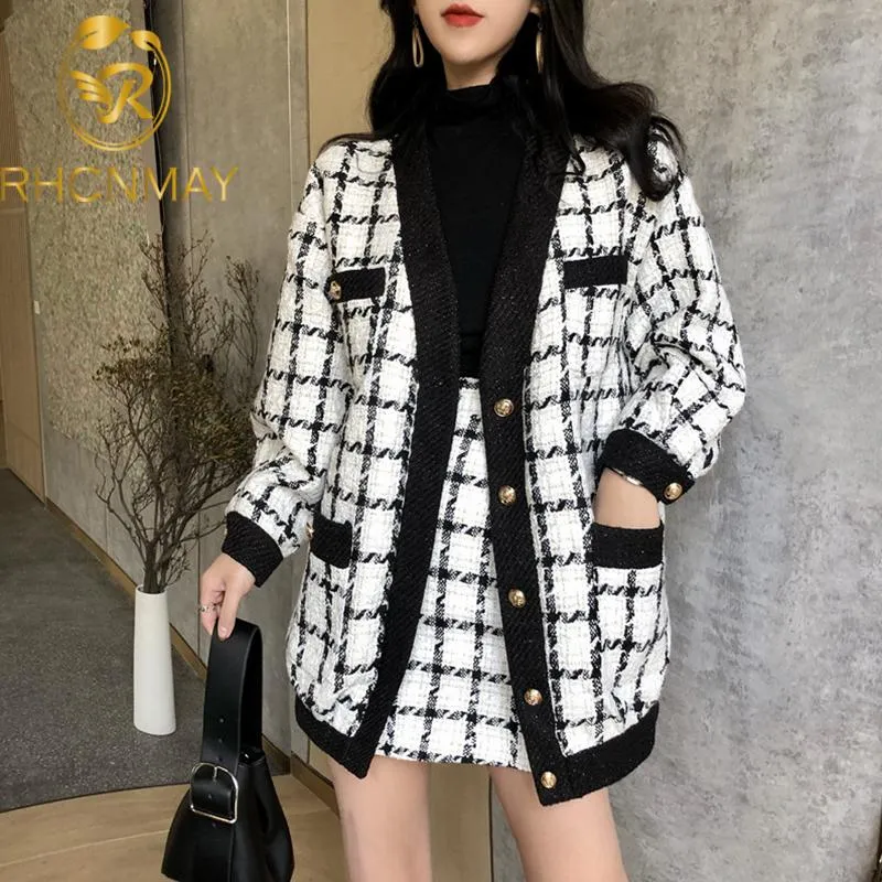 Work Dresses 2022 Autumn Women Plaid Two Piece Set Ladies Long Sleeve Woolen Tweed Jacket Coat + Short Pencil Office Skirt Suits