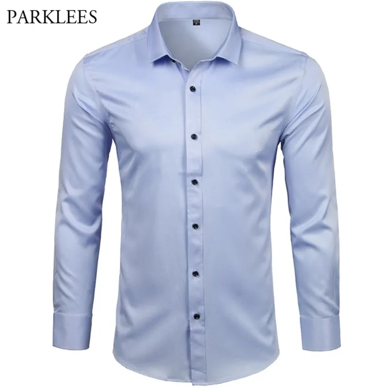 Men's Bamboo Fiber Dress Shirts Casual Slim Fit Long Sleeve Male Social Comfortable Non Iron Solid Chemise Homme Blue 210809