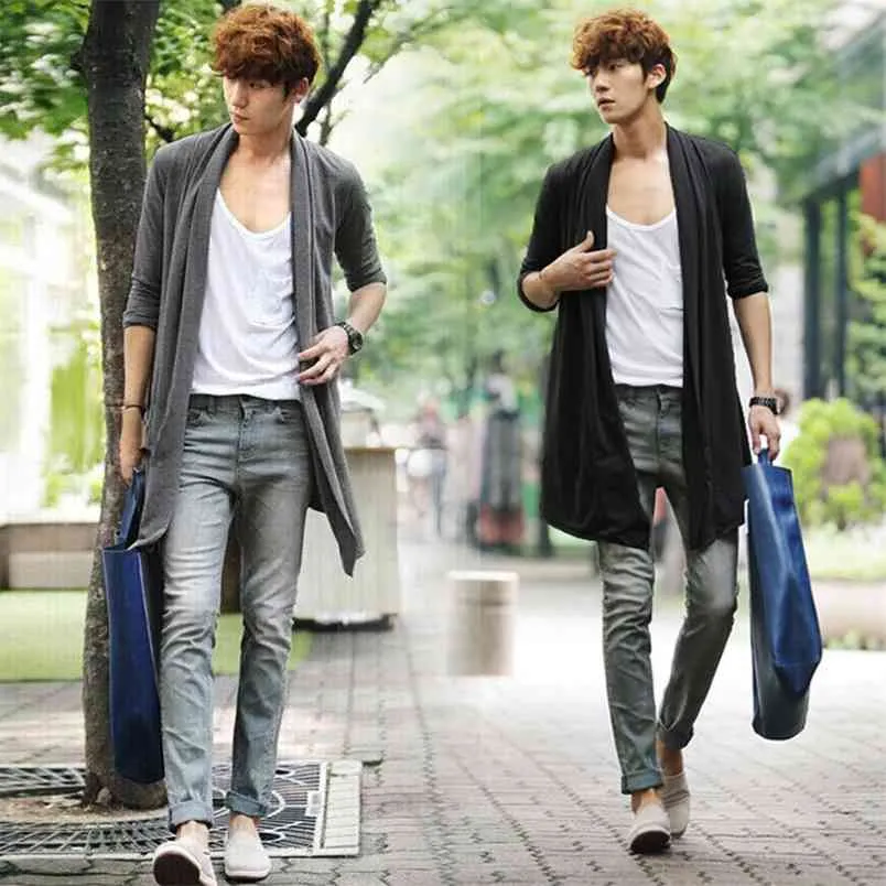 Men The Long Thin Cardigan Korean Male Cloak Coat Non Mainstream Free 210527