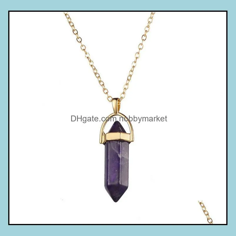 D.M. Piedra Natural Stone Crystal Point Pendant Necklace Amethyst Rose Quartz Crystal Pendulum Healing Rhinestone Chakra Pendant