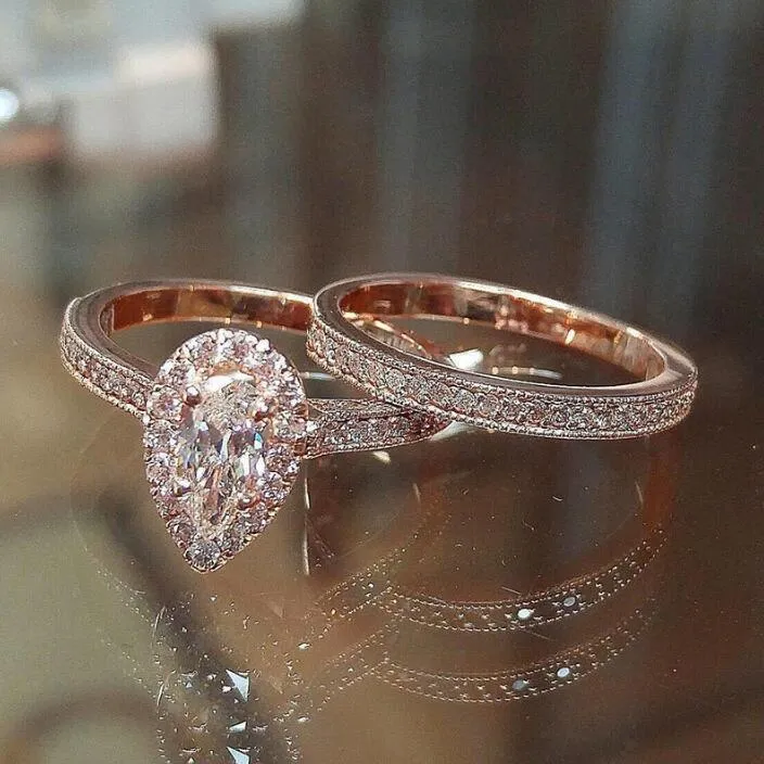 Marca Choucong Anillos de boda Joyería clásica Plata de ley 925 Relleno de oro rosa Corte de pera Gota de agua Topacio blanco CZ Diamante Mujeres Anillo de novia para regalo de amante