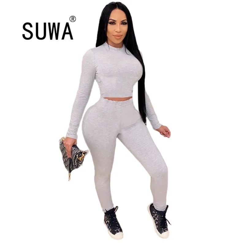 All Grey Trainingspak lounge slijtage Sets Womens Outfits Lange mouw Slim-fit Top Tuniek Hoge Taille Jogger Leggings Broeken Sportkleding 210525