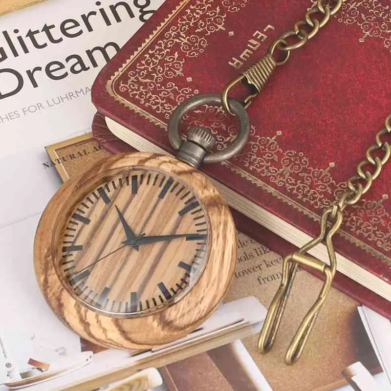 シンプルな木製の懐中時計チェーンレトロ木製ラウンドダイヤルアナログ12時間ディスプレイQuartzポケットウォッチアートコレクション2234