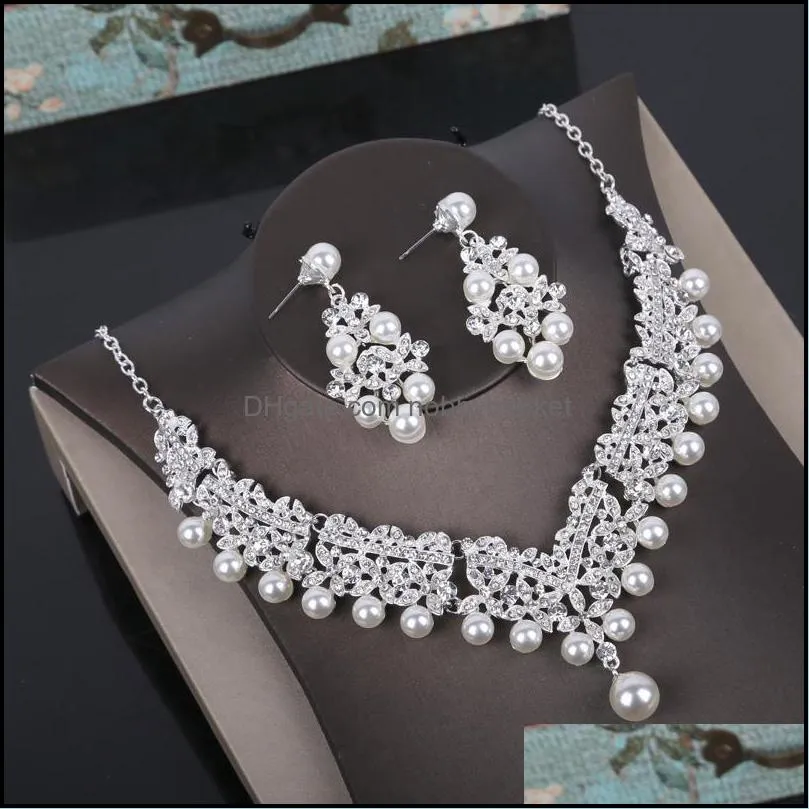 Earrings & Necklace Crystal Pearl Costume Jewelry Sets Rhinestone Statement Fashion Crown Tiaras Set Women Wedding