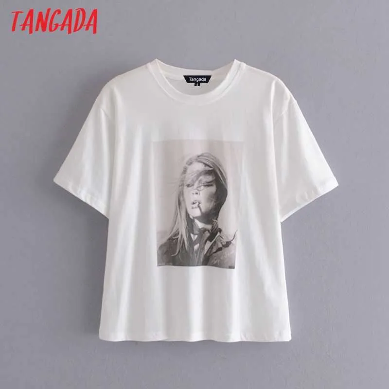T-shirt da donna in cotone bianco con stampa Tangada per l'estate T-shirt a maniche corte con scollo a V da donna T-shirt casual da donna Top 4D6 210609