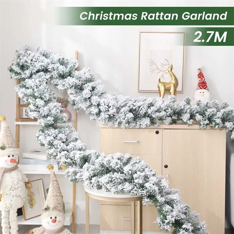 2.7mの松の針ガーランドクリスマスの装飾バートップのリボンガーランド雪の雪のひき付き緑のクリスマスツリーの装飾品クリスマスパーティー用品211104