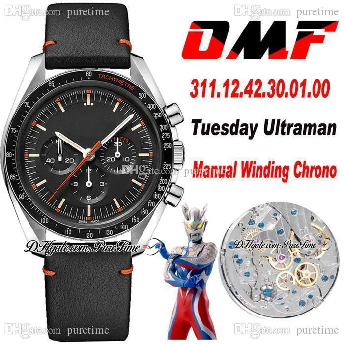 OMF Moonwatch Manual Winding 크로노 그래프 망 시계 스피디 화요일 2 Ultman Black Dial Leahter Strap 오렌지 라인 311.12.42.30.01.001 Super Edition PureTime M55B2