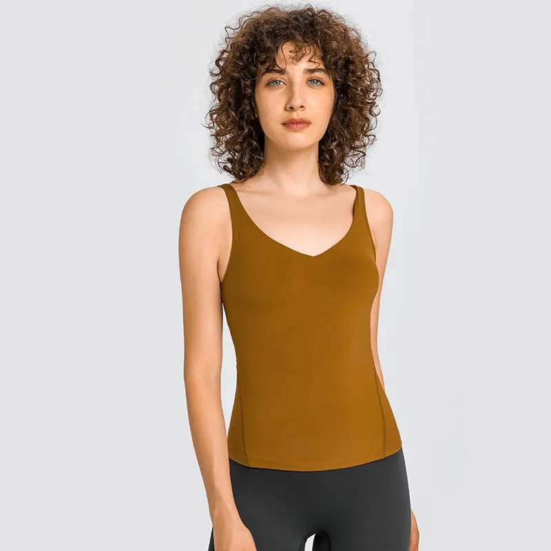 L-155 Kvinnor Sport Tank Yoga Outfits Sexig V-ringad Skönhet Rygg Fitness Väst Dam Underkläder Mode Träningskläder Löptoppar med avtagbara kupor