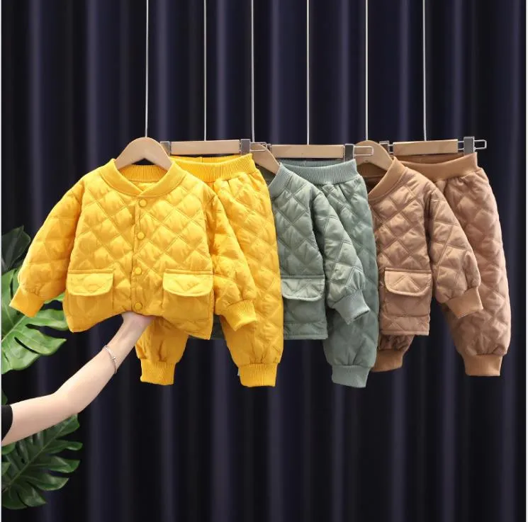 키즈 베이비 코튼 옷 세트 2021 새로운 가을 겨울 소년 소녀 재킷 바지 2pcs 양복 유아 캐주얼 코트 세트