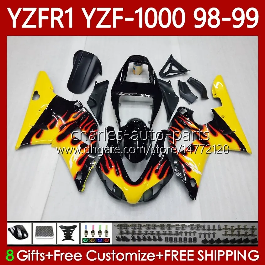 Korpus motocykli dla Yamaha YZF R 1 1000 CC YZF-R1 YZF-1000 98-01 Nadwozie 82NO.27 YZF R1 YZFR1 98 99 00 01 1000CC YZF1000 1999 1999 2000 2001 OEM OEM Yellow Flames